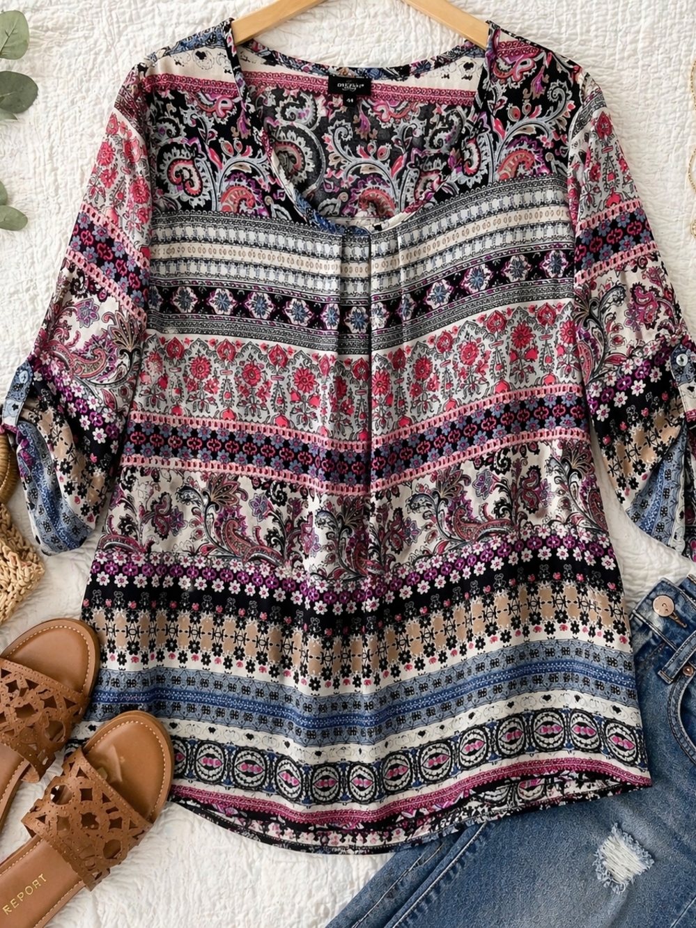 Boho Paisley Blouse Size 44 Cold Shoulder Top